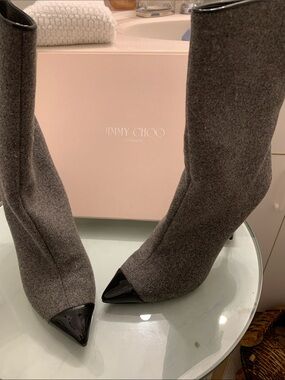Jimmy Choo Gray Knit Mid-High Boots with Black Patent Toe, great condition